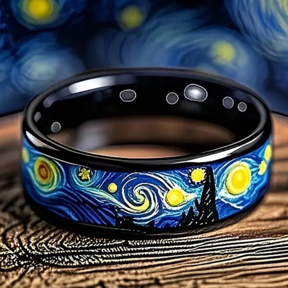 Starry Night Inspired Black Stainless Steel Ring Mens or Womens Size 13